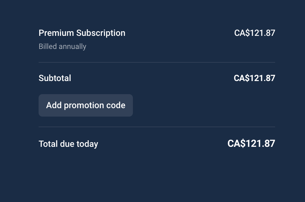 FRC Stripe checkout page with Add promotion code field and Subscribe button