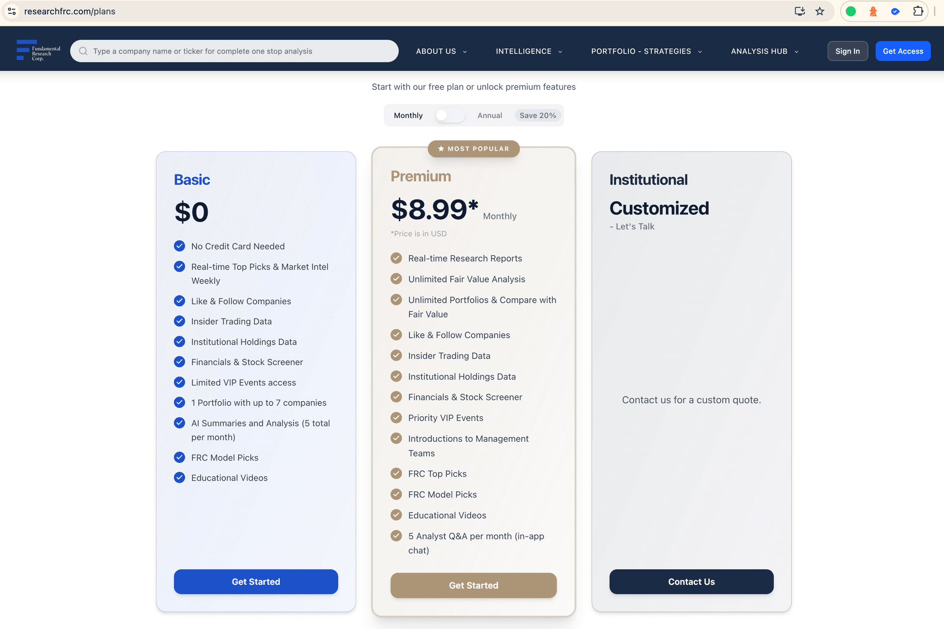 FRC Choose Your Plan page showing Basic, Premium, and Institutional tiers