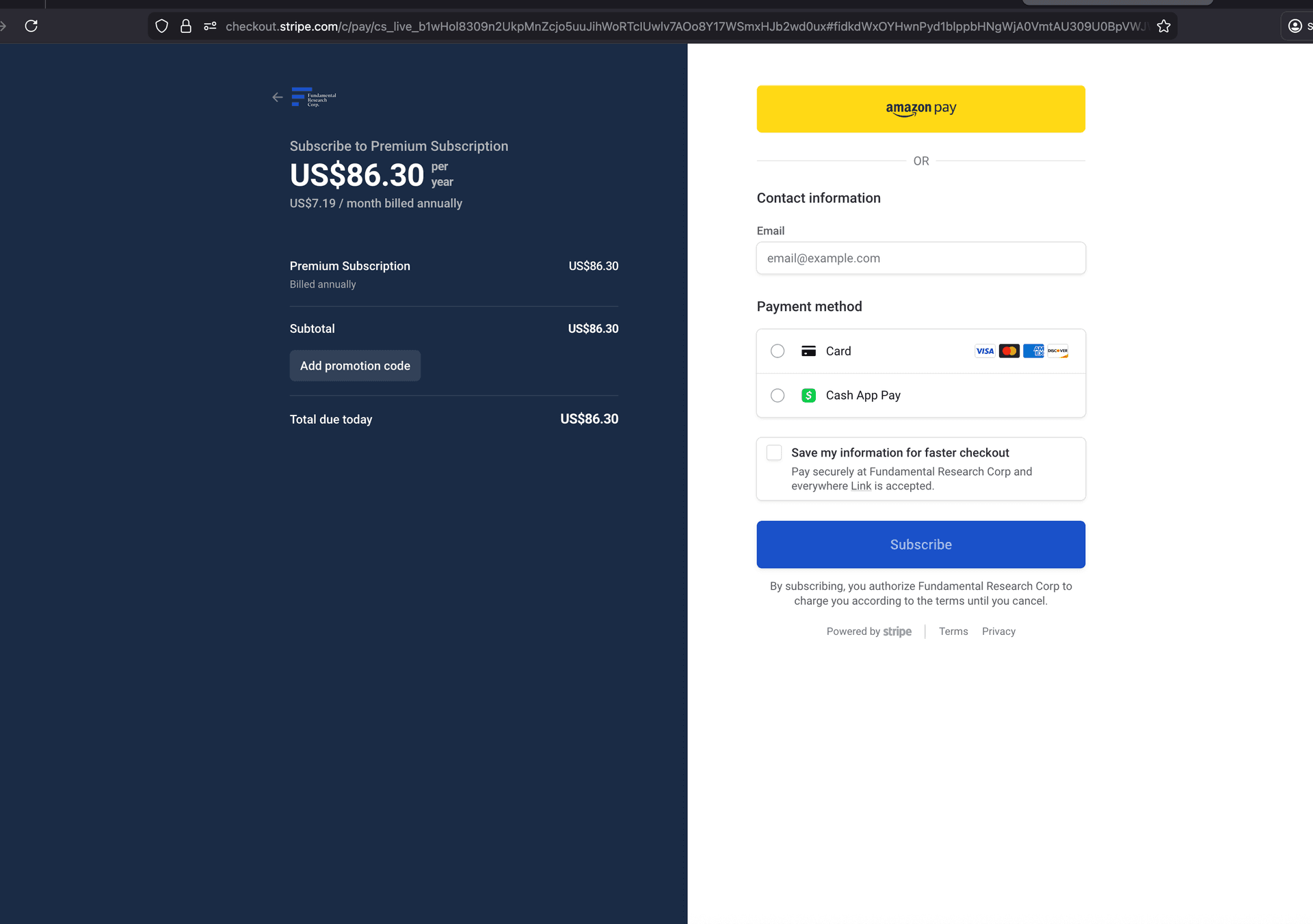 FRC Stripe checkout page showing accepted payment methods